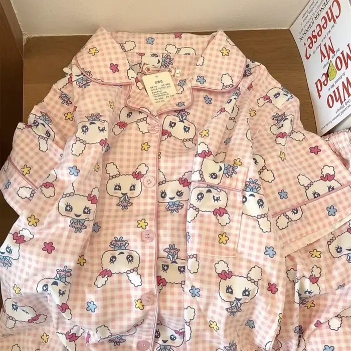 Tamagotchi Tlač pyžamový set - Dámske krátke rukávy bavlnené letné nočné oblečenie (roztomilé kreslené šortky a top)