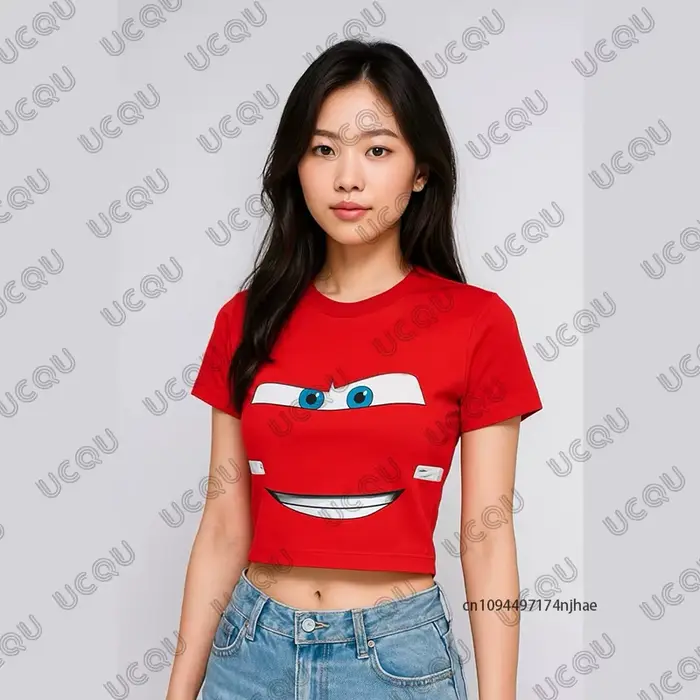Été nouveau Lightning Mcqueen imprimé T-shirt pour femmes corée Sle à manches courtes haut court Str