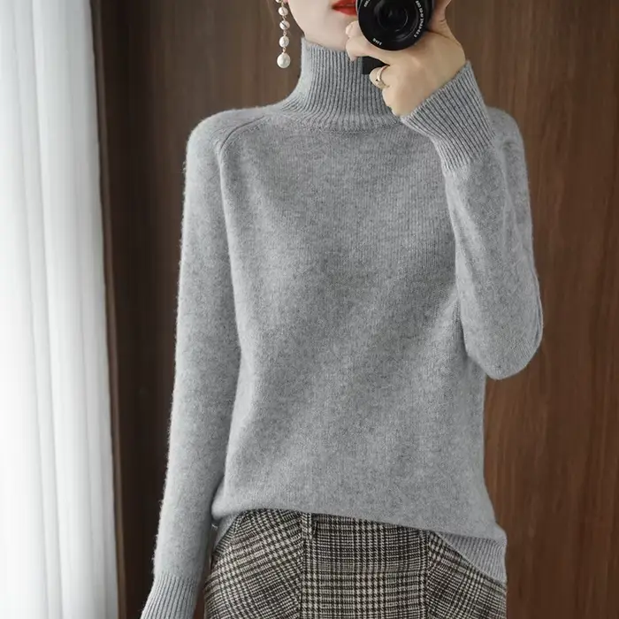 Automne hiver col montant laine mérinos pull basique décontracté pull en cachemire confort femmes ma
