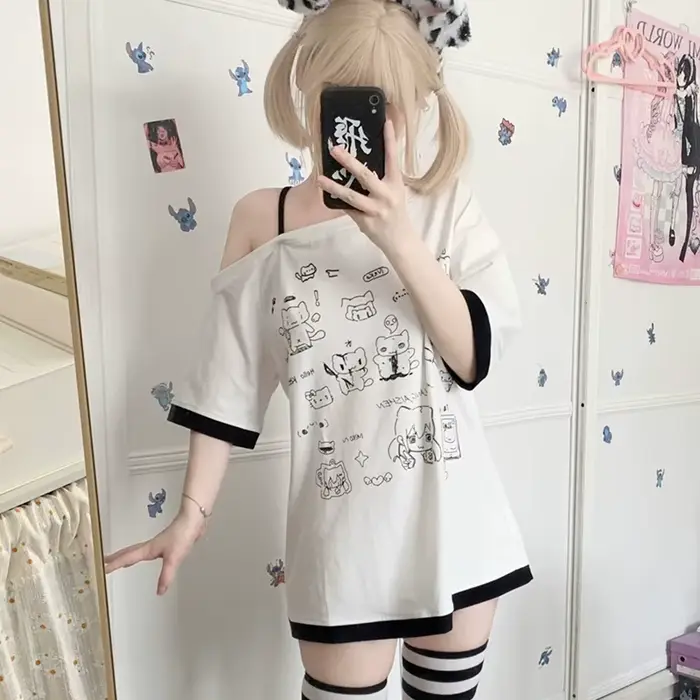 Japonais Y2k sous-culture mignon T-shirt épaules dénudées blanc à manches courtes été T-shirt femme 