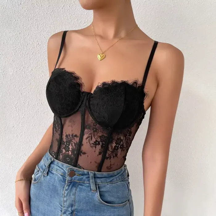 Sexy polyester a elastan korzet s čipkou pre ženy, bustiers a ohlávka, elegantné spodná bielizeň pre špeciálne príležitosti