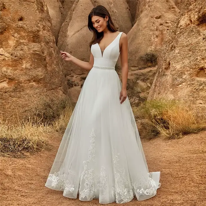 Combinaison de Mariage 2 en 1 avec Poignées Jupe Amovible Robe de Mariée Taille Naturelle Occasions Spéciales Dentelle Satin Tissé Élastique Col en V Train Personnalisé