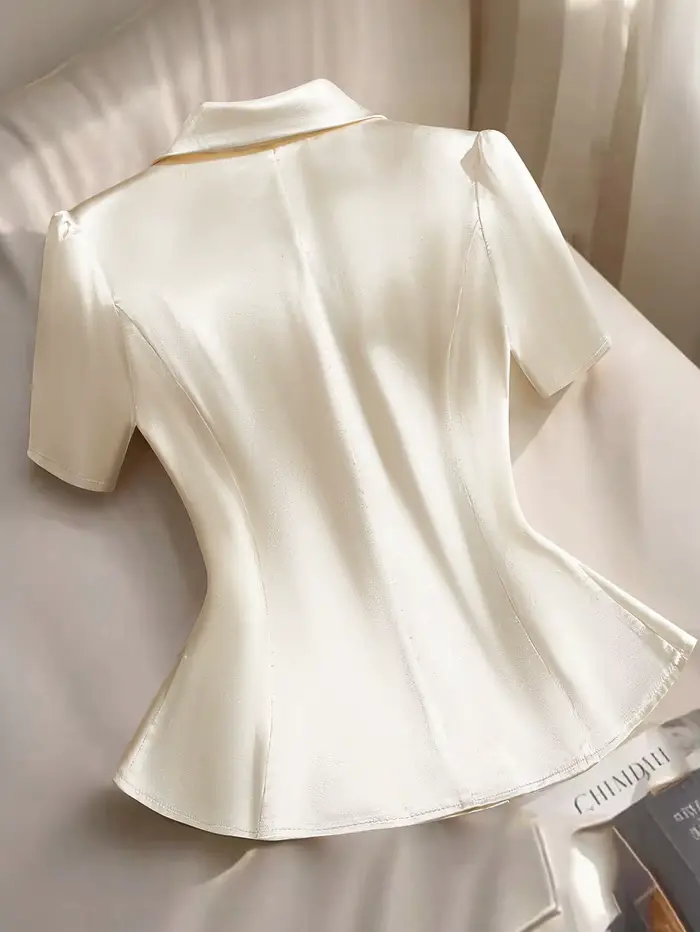 Blazer chic en satin blanc à volants, col à revers, manches courtes, boutons nœud dorés – Polyvalent