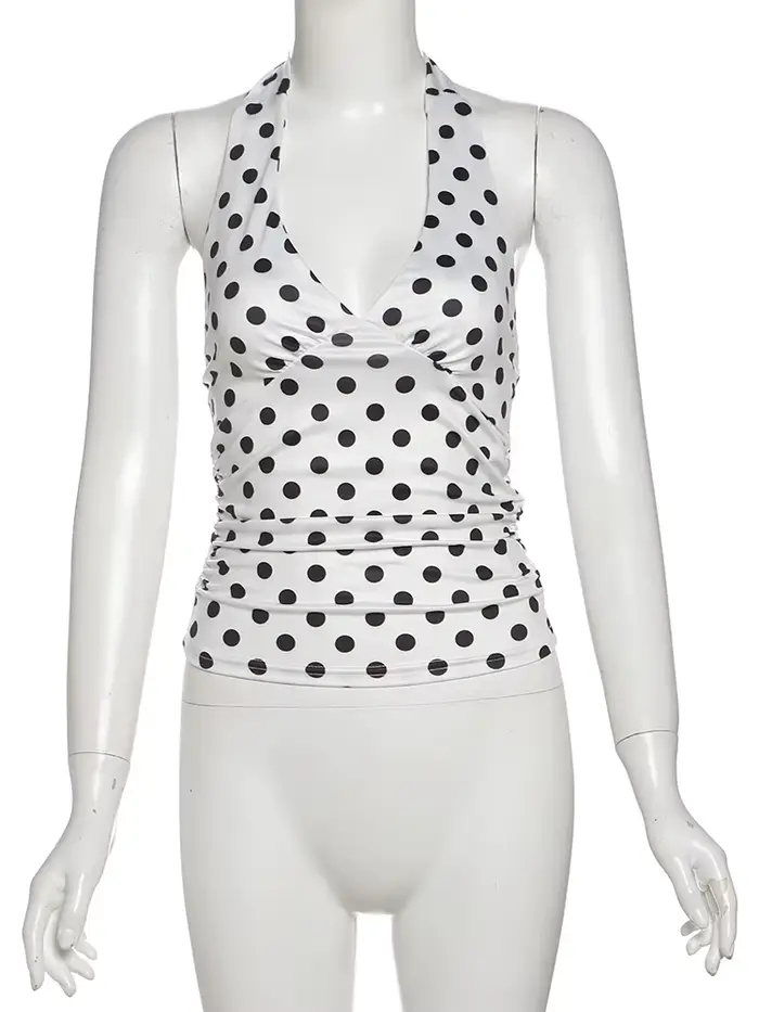 Gilet imprimé chat étrange à pois pour femmes, Y2K, dos nu, col en v, slim, tendance d'été, quotidie