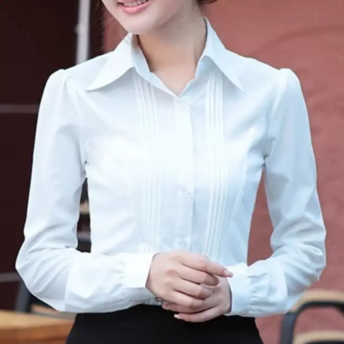 Chemisier de bureau blanc élégant pour femmes, coupe cintrée, manches longues, chemise boutonnée, St