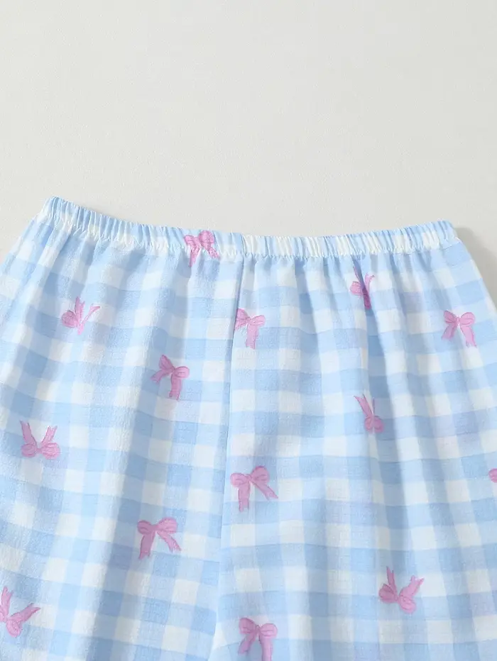 Pyjama femme 3 pièces à revers cranté, manches courtes, short et pantalon, imprimé carreaux à nœud mignon, pour printemps, été, automne, vêtements d'intérieur