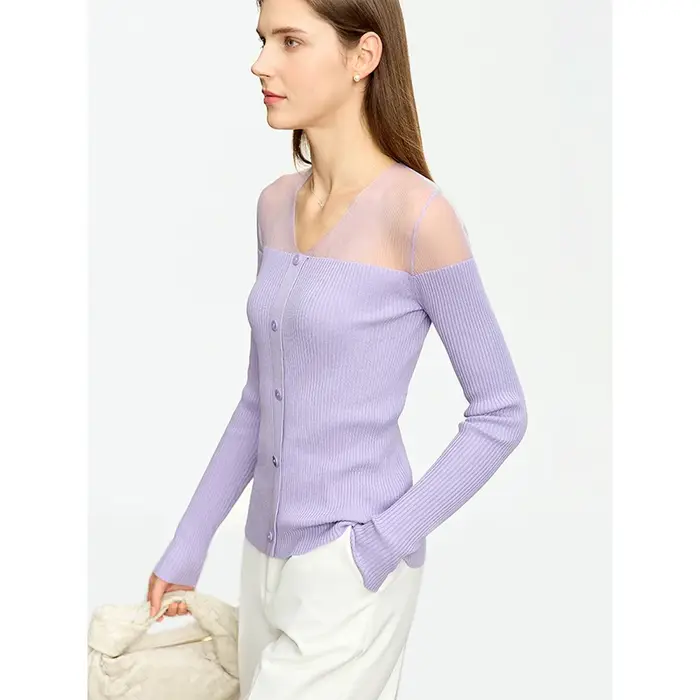 V-neck viskóza a nylon patchwork sveter pre ženy jeseň 2023 nový minimalistický dizajn dámska kancelária