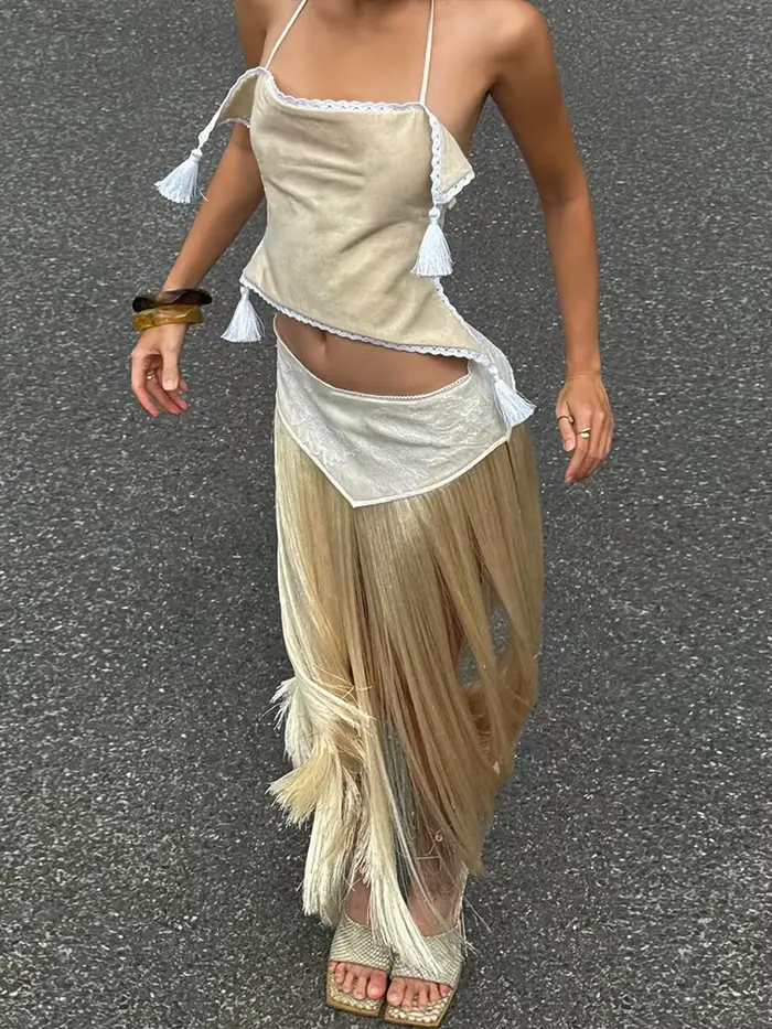 Kliou Sexy Módne Sukne Kostýmy Žena Halter Bandáž Holý Chrbát Nepravidelný Crop Top + Strapcová Dekorácia Dlhé
