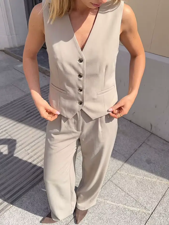Dámska bunda bez rukávov a kancelárske nohavice set, polyester, V-neck, zapínanie jedným tlačidlom, príležitostne príležitostné, jarné leto