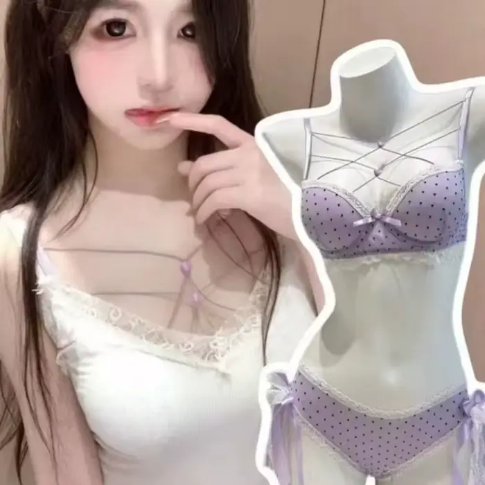Čipka polka dot podprsenka a nohavičky nastaviť s uzly, sexy push-up bielizeň pre ženy