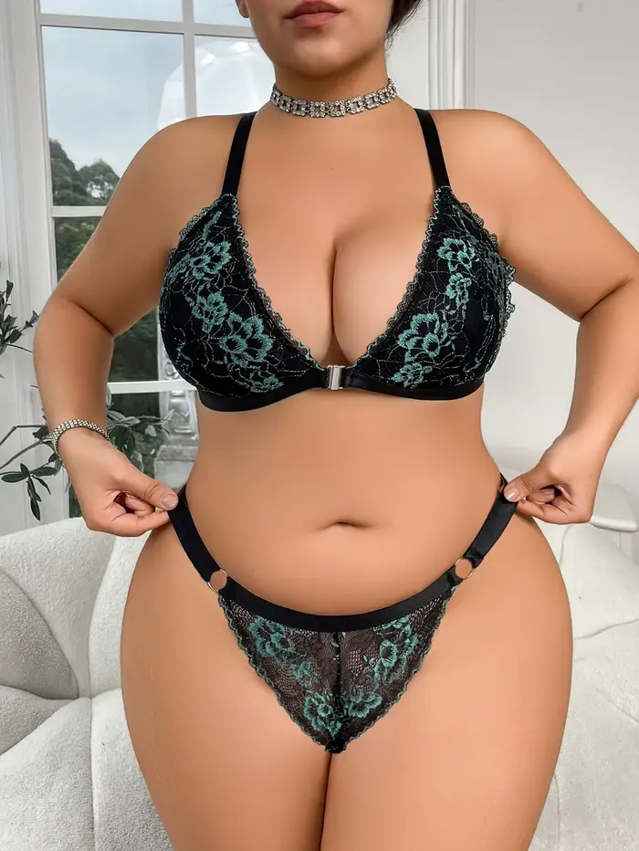 Femmes grande taille lingerie sexy dentelle bord soutiens-gorge et pantalons deux pièces ensembles c