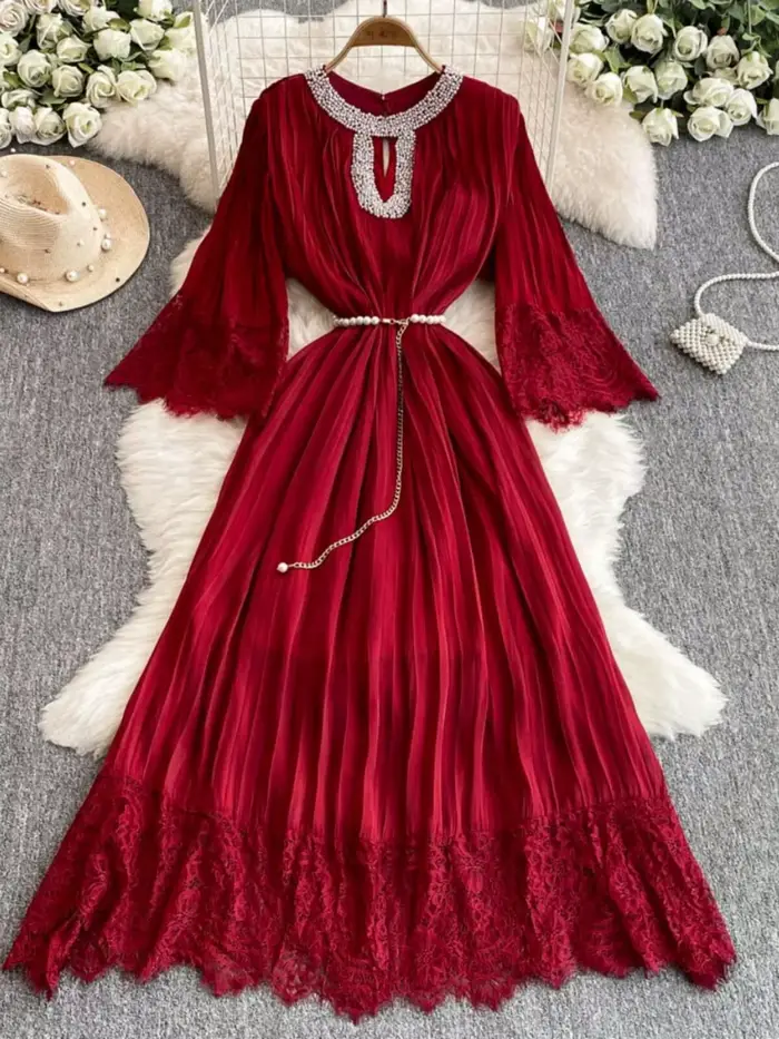 Robe Longue Plissée en Mousseline de Soie pour Femme, Luxueuse, Élégante, Perles de Clip, Ceinture, 