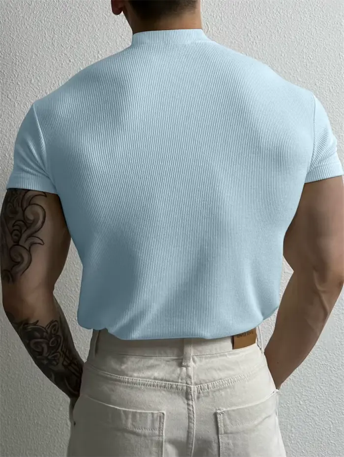 Printemps été mode hommes T-shirt petit col haut chemise à rayures à manches courtes haut de fitness