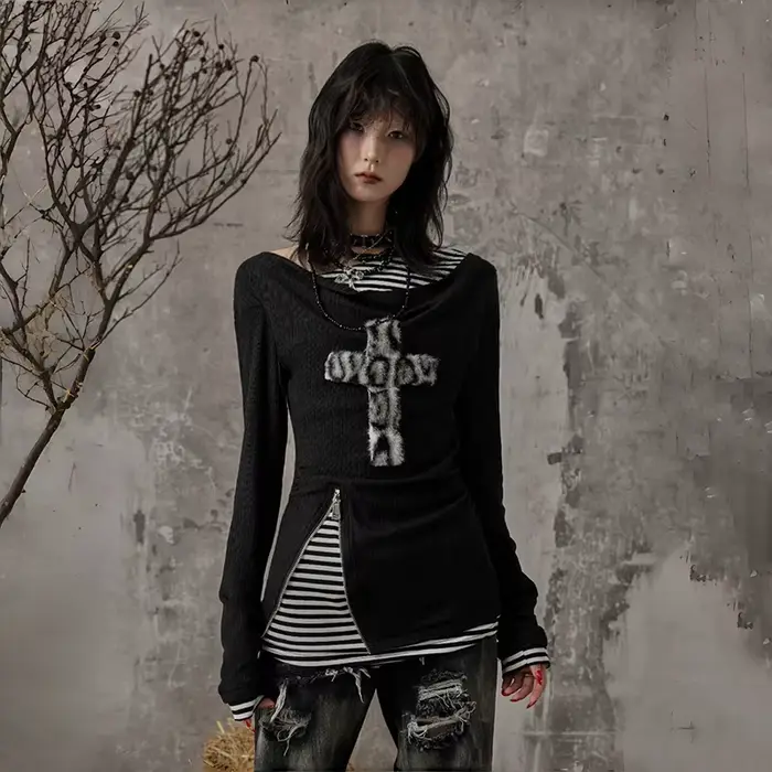 Dámske Grunge Patchwork Top s Split golier, Rebel Y2K štýl pre jarné leto