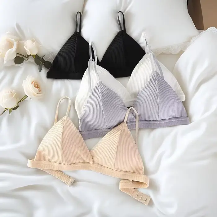Soutien-gorge push-up en coton côtelé pour femme, bralette sans armatures, lingerie sexy simple à dos bas et fermeture à un seul crochet