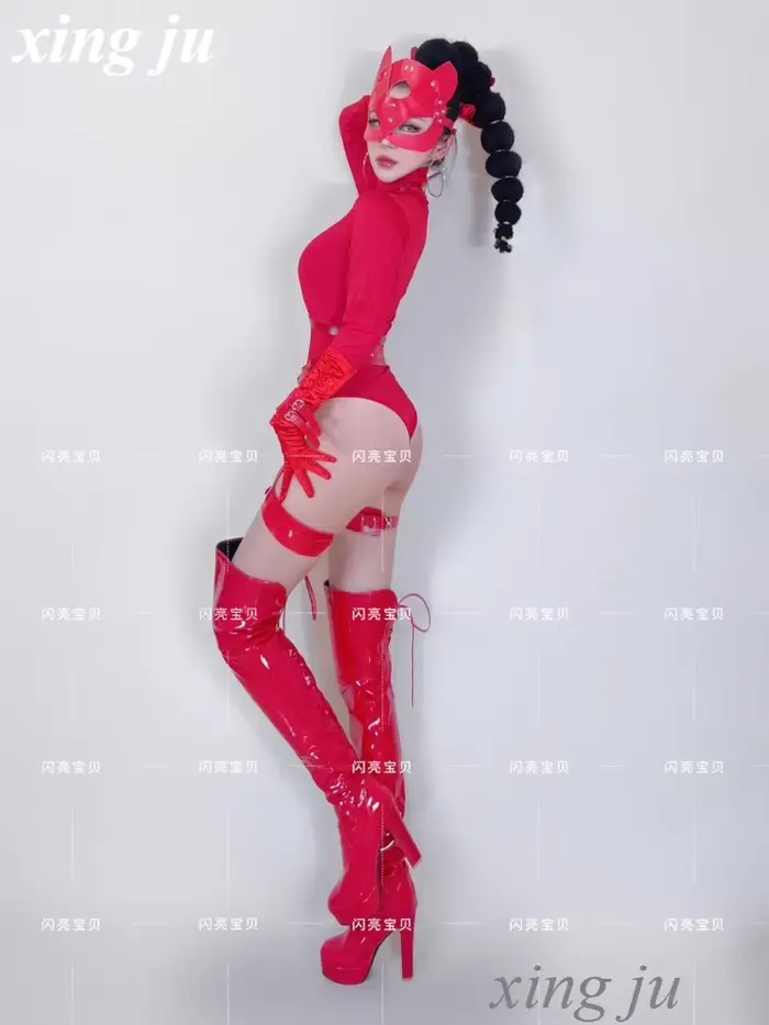 Discothèque femme chanteuse pôle danse Sexy rouge à manches longues combinaison filles Performance Costume DJ scène serré Shorts danseur tenues