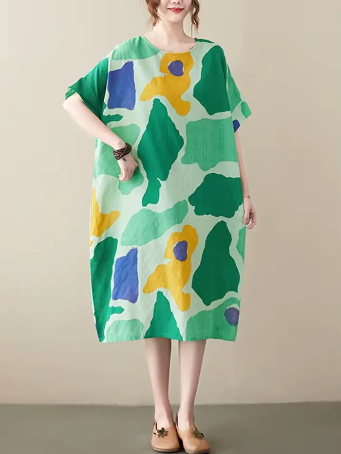 Robes d'été décontractées mi-longues en coton et lin à imprimé vintage pour femmes 2026 – Nouvelle c