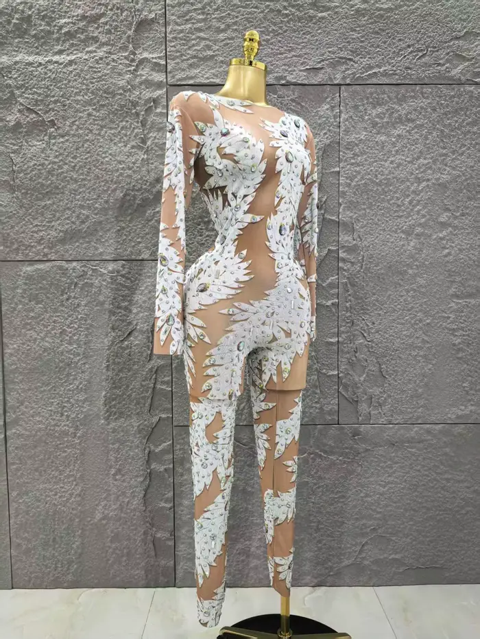 Sexy dlhý rukáv s trblietavými kamienkami obtiahnutý overal pre väčšie ženy na oslavy