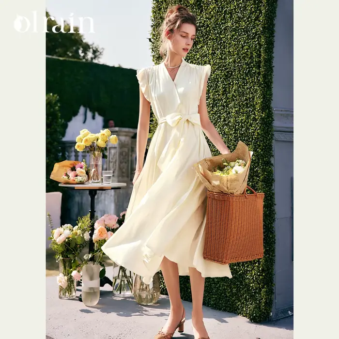 Robe longue élégante OLrain pour femme, collection été 2026, tendance, col en V, manches volantes, i
