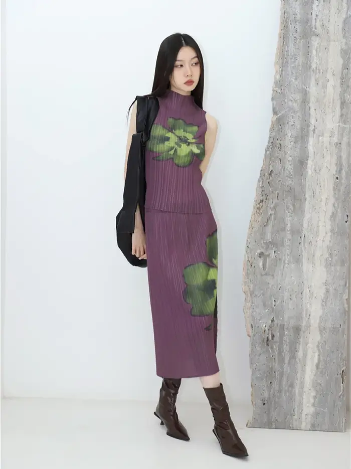 Contest ERART-Tenues florales plissées pour femmes, jupe longue violette, haut en fibre, ensemble 2 