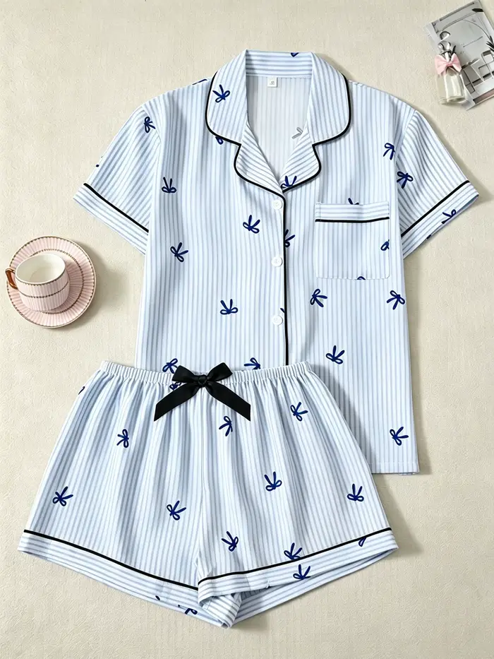 Pyjama classique rayé avec imprimé nœud pour femme, ensemble chemise boutonnée et short, pyjama 2 pi
