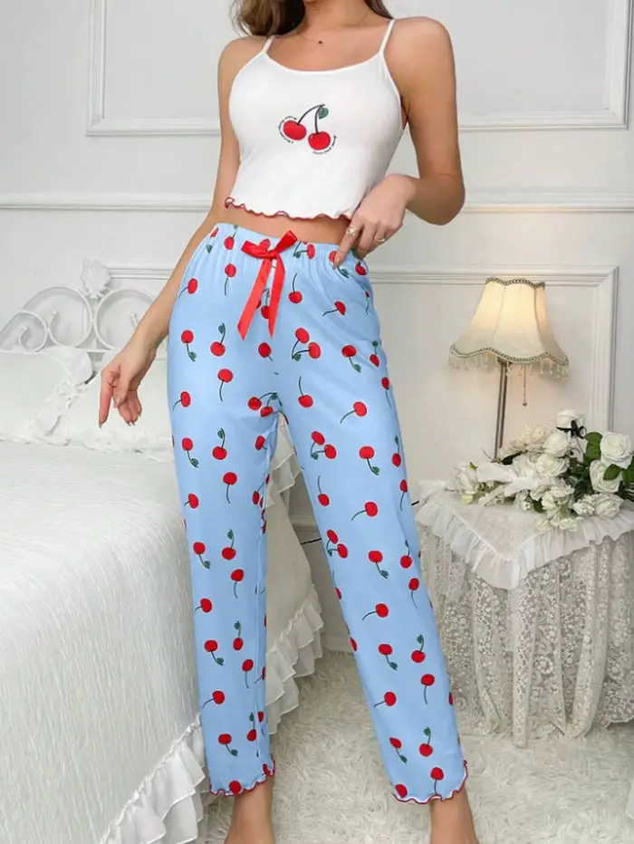 Y2K Coquette Cherry Tlač pyžamá Set Ženy Cami vysoké krátke nohavice dva kusy nočné oblečenie ležérne oblečenie Letné jarné jesenné oblečenie