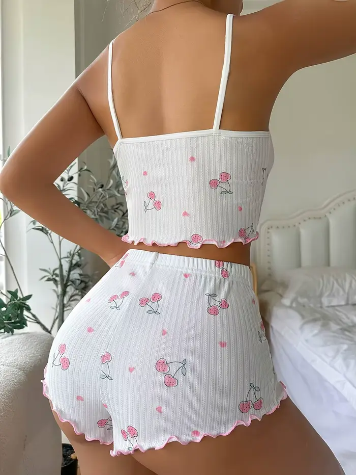 Dámske srdcová potlač pyžamový set, krátky top a pohodlné šortky, okrúhly výstrih, bez chrbta, ozdobný luk, letné nočné oblečenie