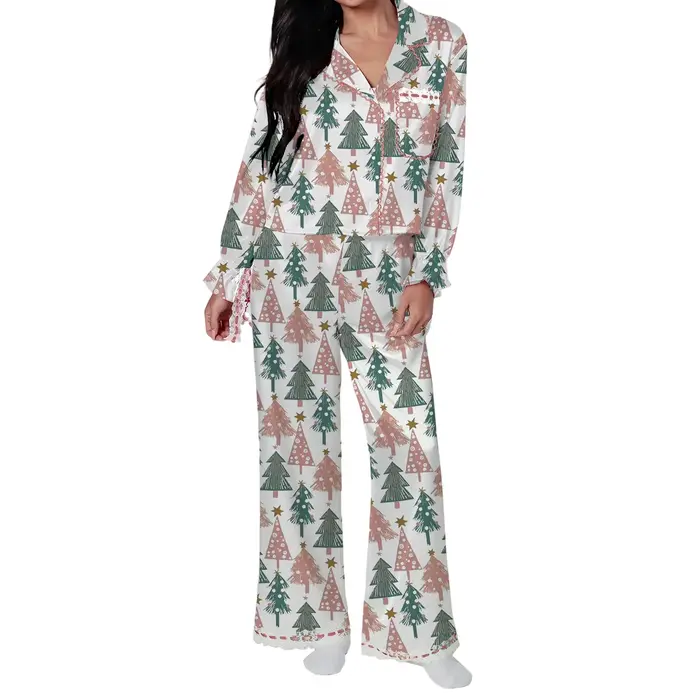 Ensemble pyjama de noël pour femmes, chemise à manches longues + pantalon imprimé graphique, vêtemen