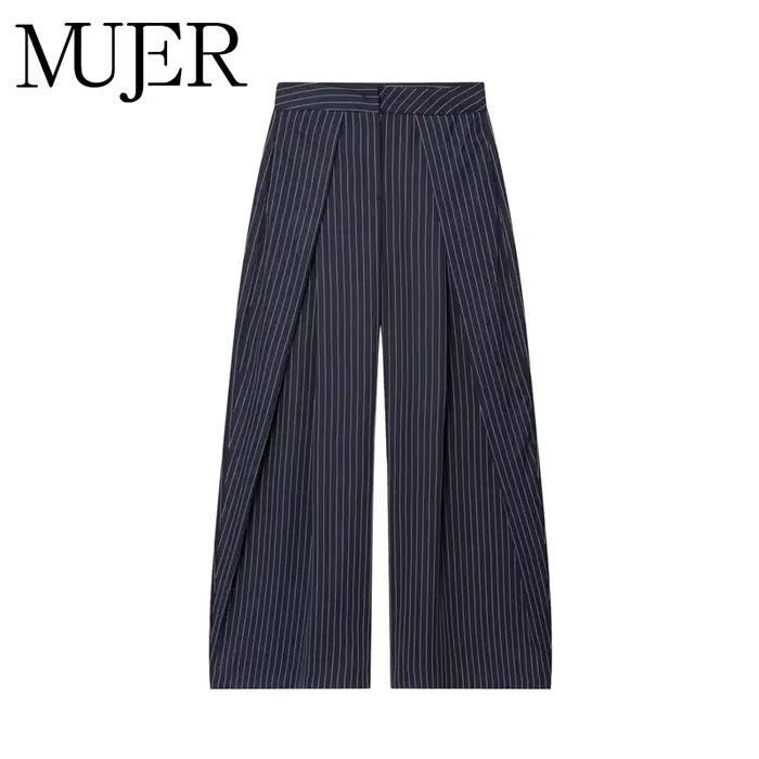 Pantalon Baggy Noir Plissé à Jambes Larges Rayé Décontracté Taille Haute pour Femme Printemps