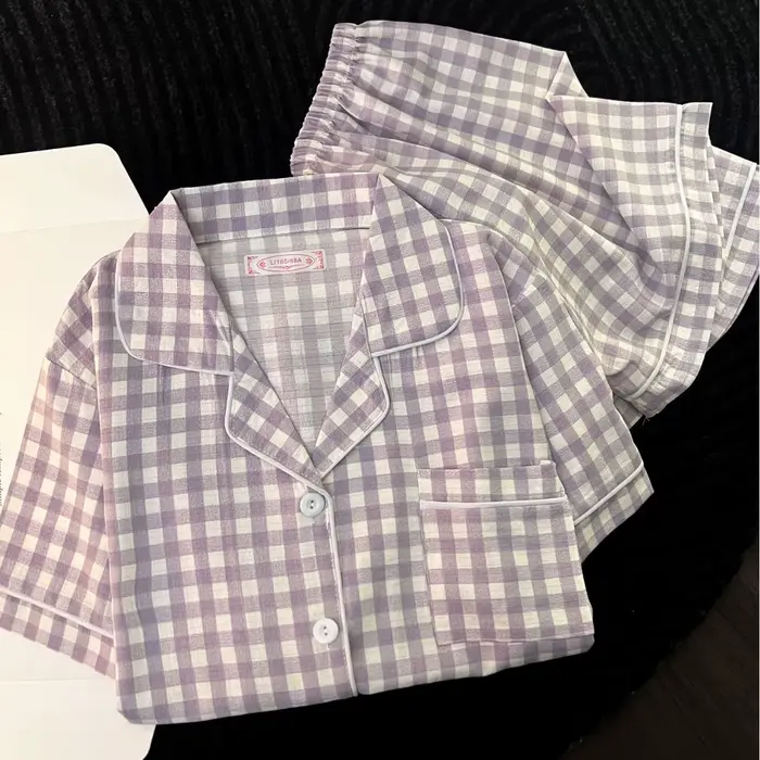 Pyjama minimaliste de style japonais pour femmes, ensemble d'été en polyester et élasthanne, shorts, col rabattu, motif plaid, tenue d'été décontractée pour nuits chaudes