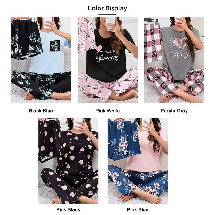 Dámske pyžamo základné zloženie polyester elastan vytlačené okolo krku krátke rukávy top šortky nohavice relaxačné nočné letné špeciálne príležitosti