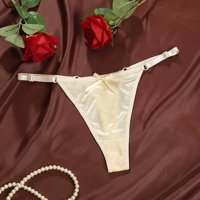 String ajustable taille basse en satin transparent avec nœud, culotte brodée transparente, lingerie 