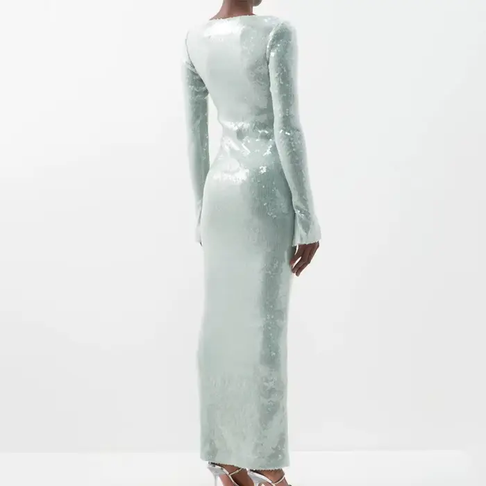 Robe de soirée sexy à sequins pour femmes, col en V, manches à clapet, jupe avec ourlet fendu, boîte