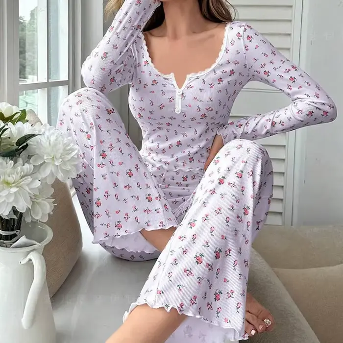 Dámske pyžamový set, mäkké a pohodlné, kvetinová tlač, sexy, s dlhým rukávom Top a nohavice, Sleepwear, dvojdielna sada, domáce oblečenie