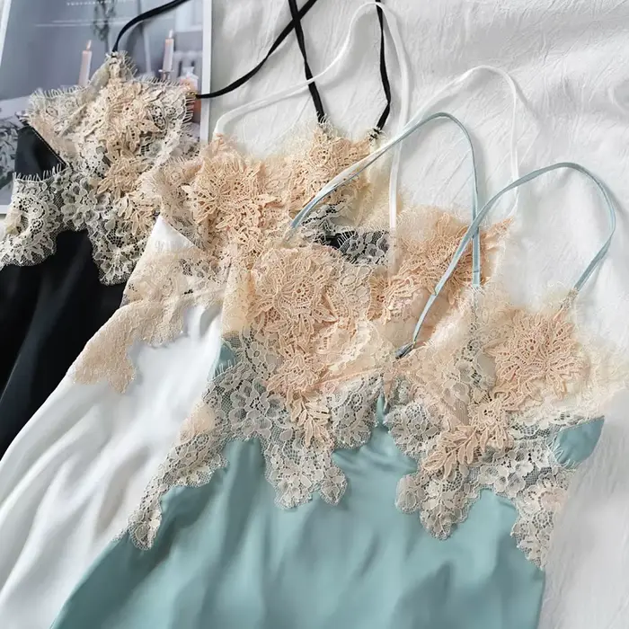 Meet'r Satin vêtements de nuit femmes Sexy dentelle dos nu chemise de nuit bifurqué col en v pyjama avec string chemise de nuit fronde nuit Homewear