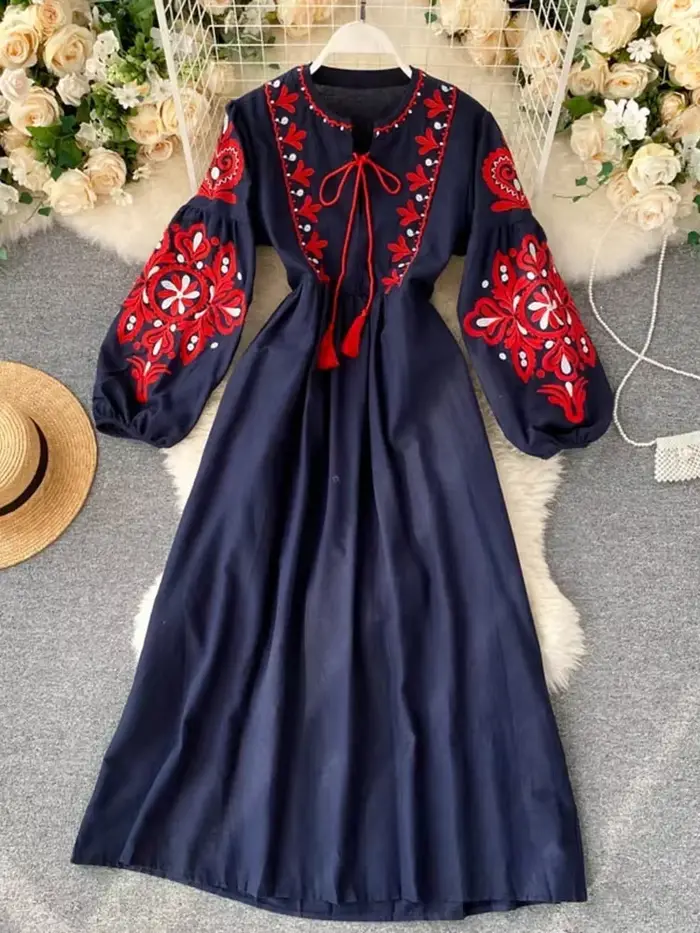 Bohemian vyšívané šaty s lucernou rukávmi pre ženy, elegantné a všestranné, ideálne pre špeciálne príležitosti a každodenný život