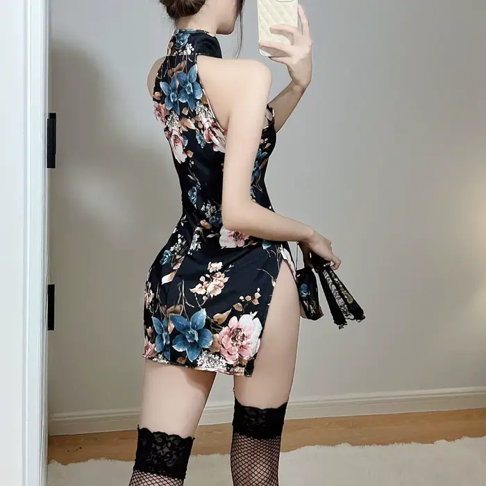 Čínsky štýl Cheongsam spodná bielizeň, tesná tlačená uniforma bez rukávov so slotom, zmyslové a zvodné výrezy pre ženy