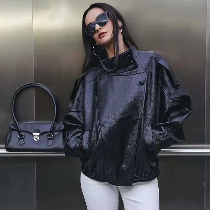 MUJER Dámska bomber bunda z umelej kože, čierna, oversized
