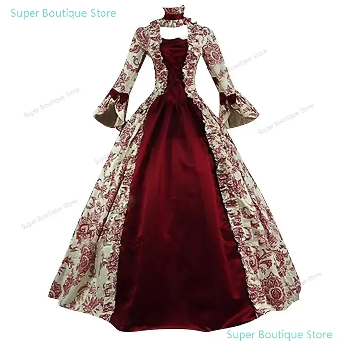 Femmes à lacets robe longue médiévale volants arc Vintage victorien carnaval Maxi Patchwork Floral f