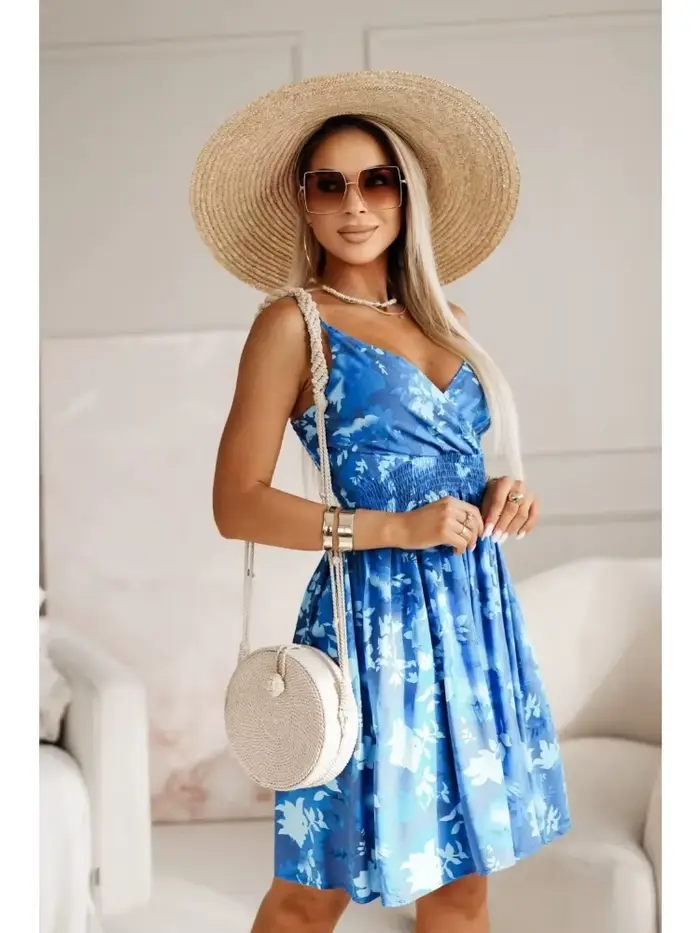 Kvetinové tlačené polyesterové večerné šaty s V-Neck a špagety rukávmi pre ženy - Letné príležitosti