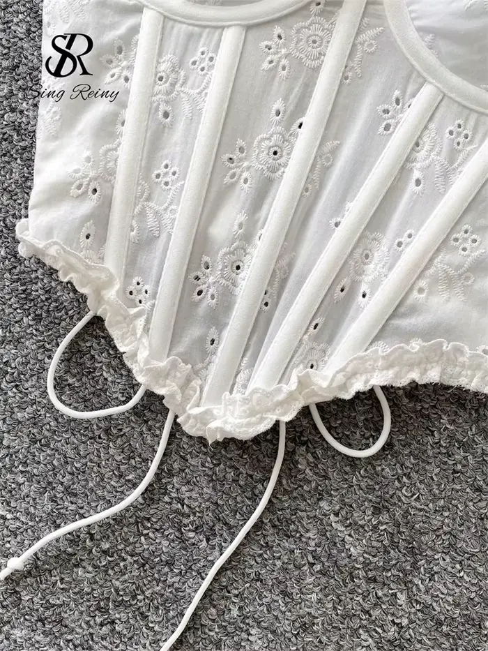 SINGREINY kvetinová výšivka Dámska bielizeň nepravidelný popruh Krátky korzet zmyselný francúzsky Hotsweet štíhly Sexy plážová košeľa