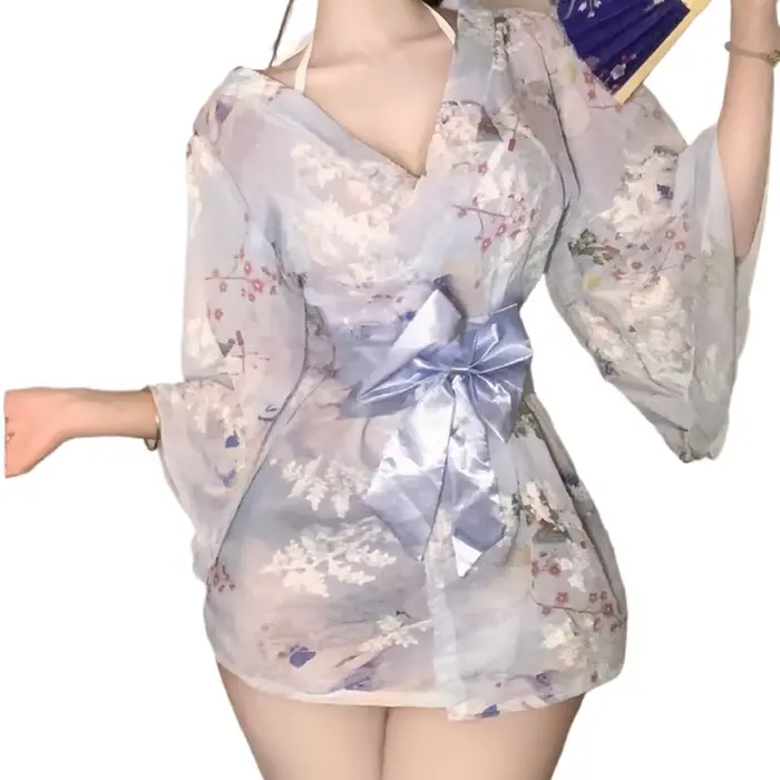 Nová nočná róba Kimono z potlačeného a vyšívaného šifónu s mašľou