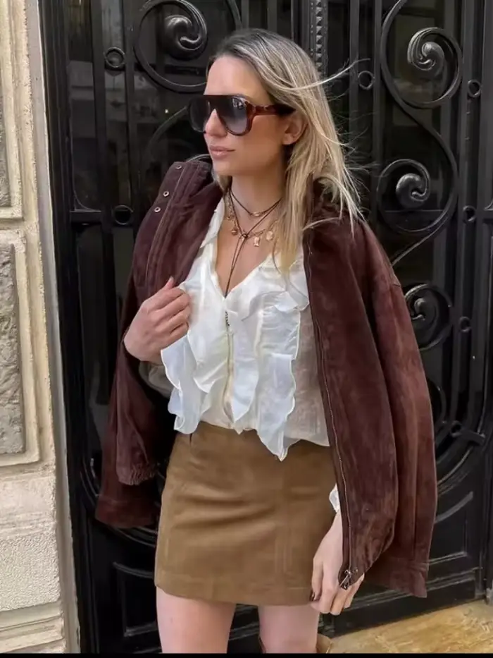 2025 Zima Vintage Hnedá Semišová Voľná Bunda pre Ženy Pohodlný Stojací Golier Hrubé Vrecká Teplý Kabát Jeseň Dámsky Zvrchník Streetwear