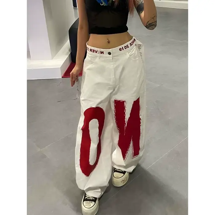 ZHIZOU dámske biele nohavice s potlačou písmen Y2k Baggy džínsy 2000s štýl Denim