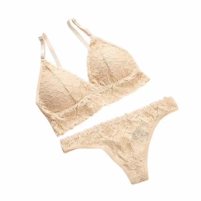 Ensemble de lingerie en dentelle à col en V avec soutien-gorge à fleurs, culotte string de couleur unie, kit de lingerie transparente en dentelle pour filles