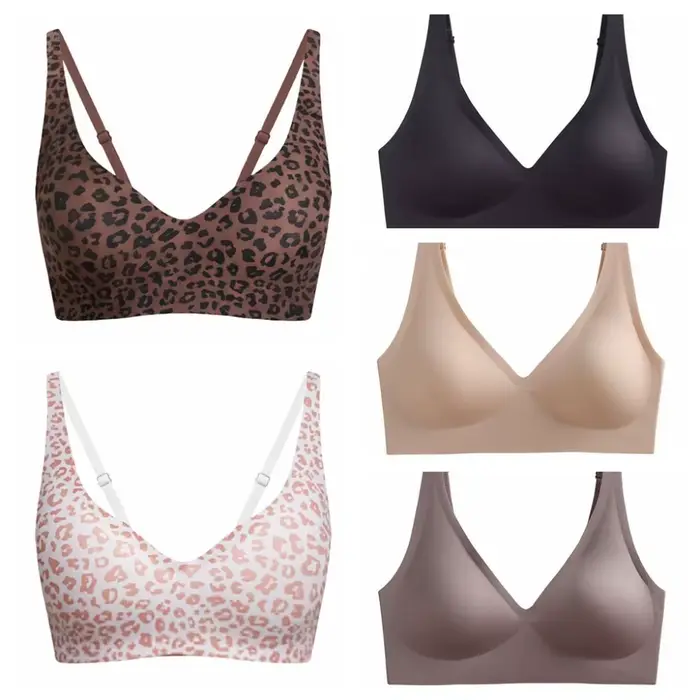 Bezšvíková polyester leopard podprsenka pre ženy a dievčatá s hlbokým výstrihom V a elegantným chrbtom