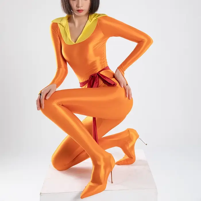Lesklé hodvábne saténové body s dlhými rukávmi pre ženy, kostým plný bubon, sexy tesné rompers, prst prepichnuté topánky, cosplay, nové