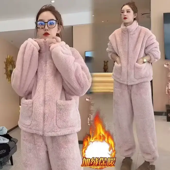 Hrubý teplý flísový pyžamový set pre ženy na zimu