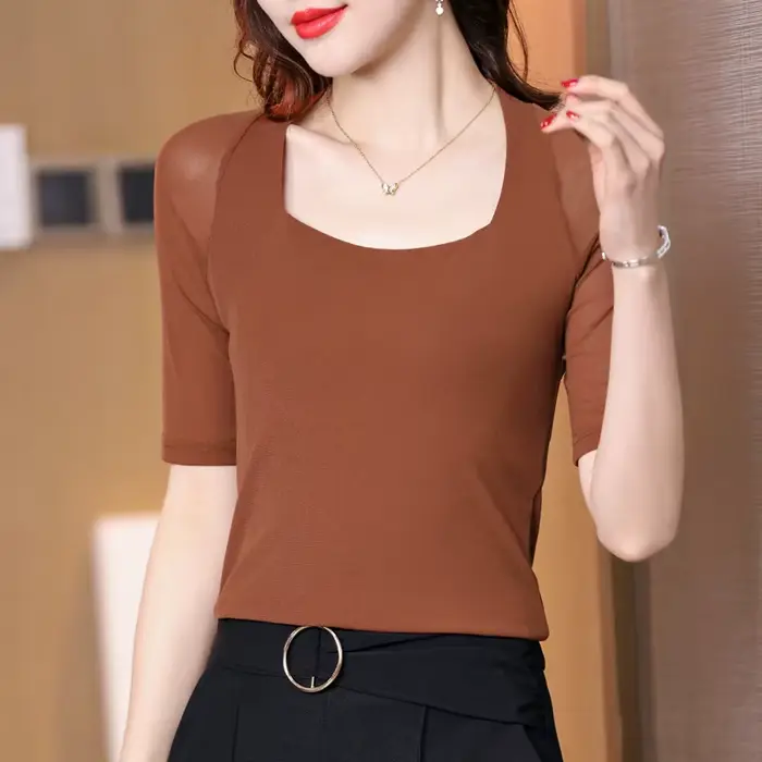 Chemise en maille à demi-manches pour femmes, chemise mince pour documents solides, mode coréenne, t