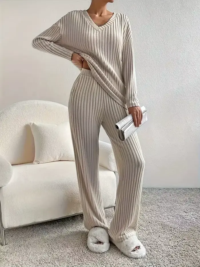 Ensemble pyjama 2 pièces pour femmes, vêtements de nuit, col en v, hauts et pantalons en tricot côtelé, vêtements de maison décontractés, automne et hiver